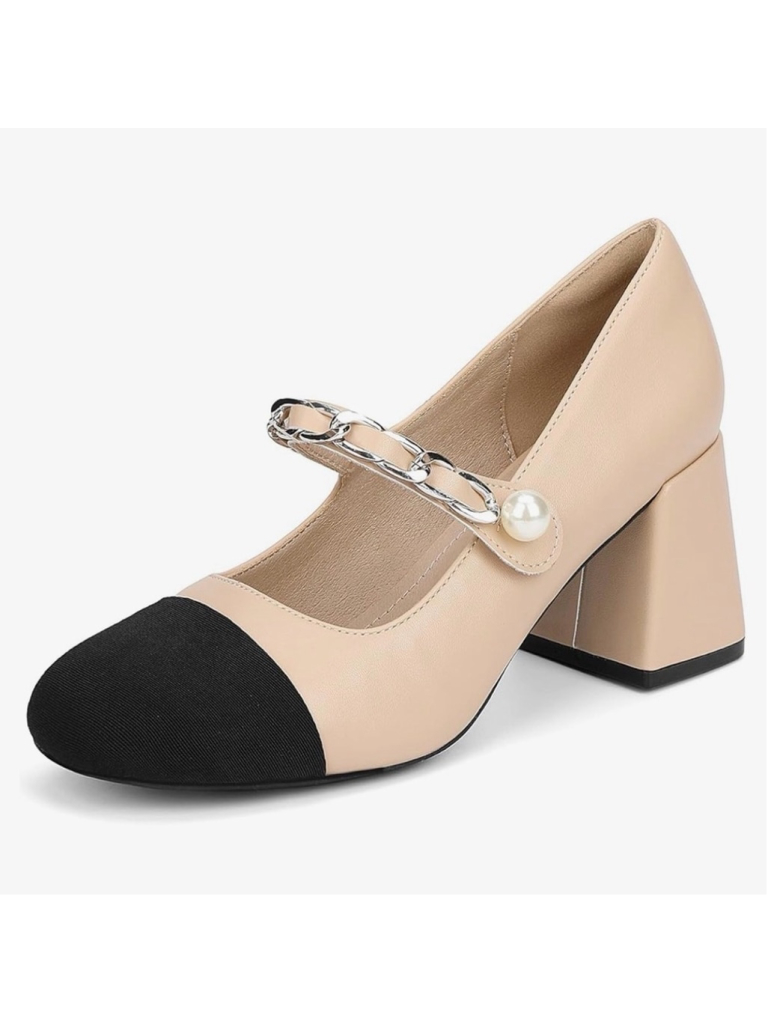New Classic Two-Tone Mary Jane Block Heel Cap Toe Vegan Leather Shoes 8